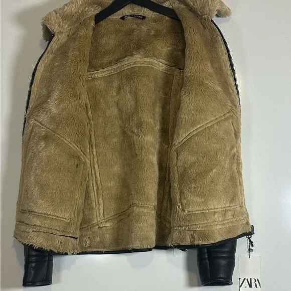 Zara Black Leather Jacket with Tan Faux Fur Collar - Picture 3 of 12
